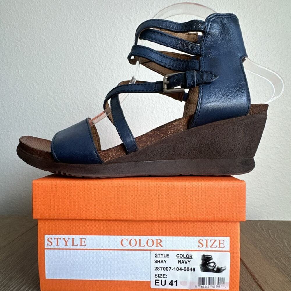 Miz Mooz Shay Navy Leather Wedge Sandals Women Size 10 EU 41 New With Box